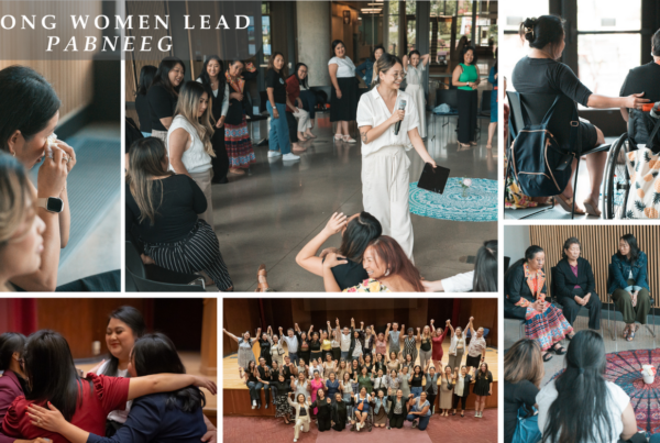 Collage of photos of Asian women in community together through dance, talking circles, and yoga