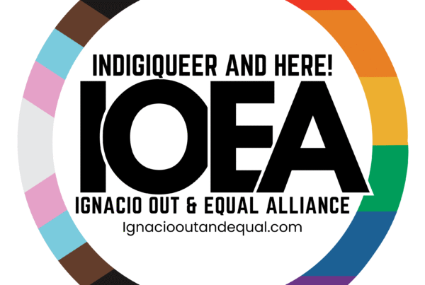 Indigiqueer and here! Round button with progressive flag.