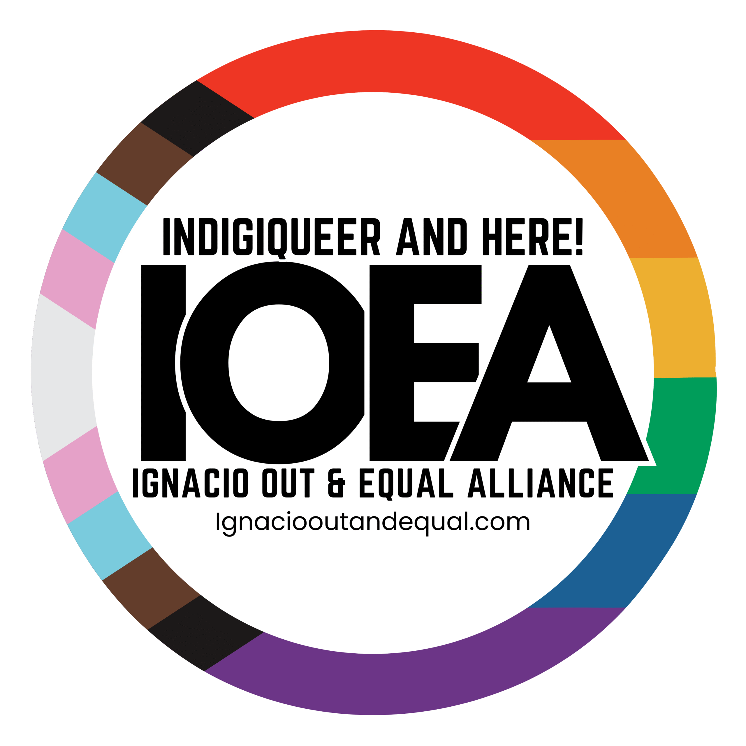 Indigiqueer and here! Round button with progressive flag.