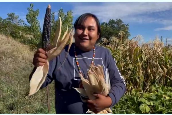 Indigenous person holds up ear of corn