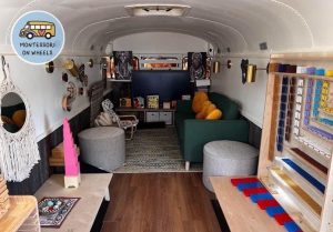 Interior of bus with couches and decorations