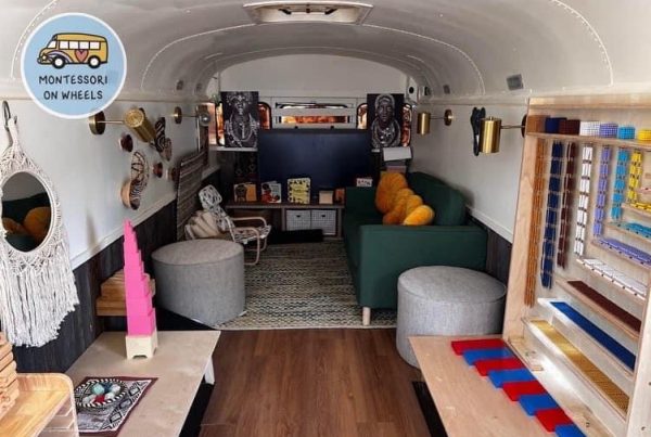Interior of bus with couches and decorations