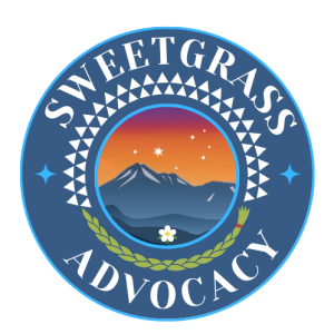 Circle logo that says Sweetgrass Advocacy around outside edge and image of mountains in the middle