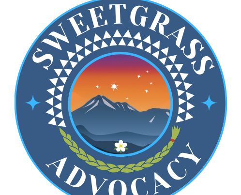 Circle logo that says Sweetgrass Advocacy around outside edge and image of mountains in the middle